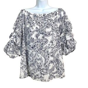 White Black Floral Cotton Blouse Medium Eyelet Off The Shoulder Puff Sleeve Boho